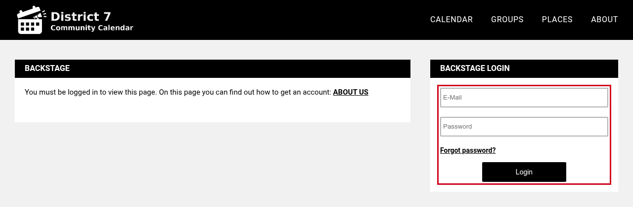 Backstage login form on the right side of the page