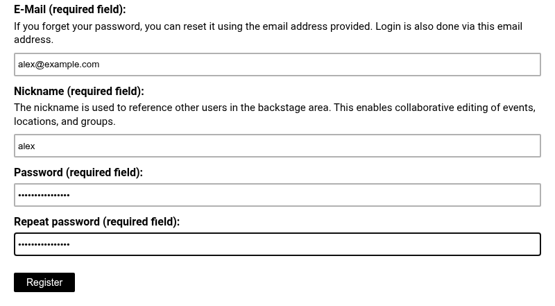 Registration form with email, nickname and password filled in