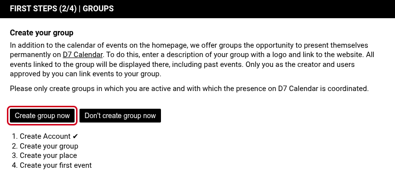 First steps group page with the Create group now button