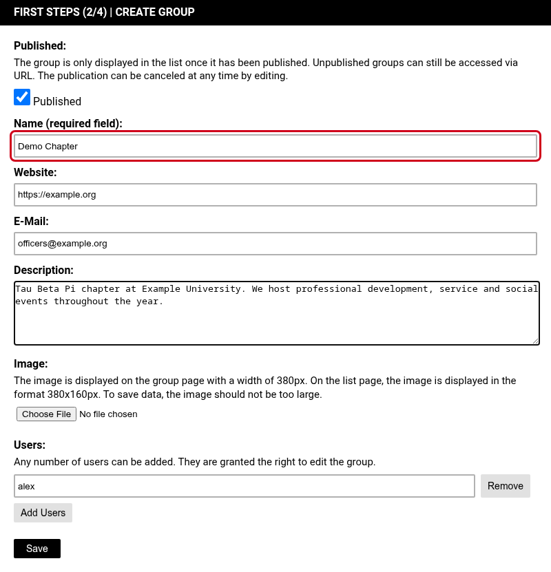 Group form with the name, website, email and description filled in