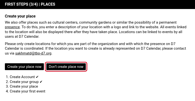 First steps place page with the Don't create place now button