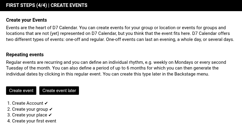 First steps event page with the Create event and Create event later buttons