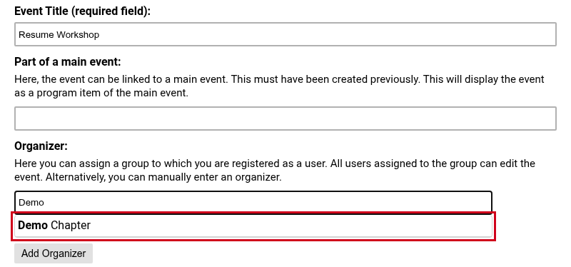 Event title filled in and the group suggested under Organizer