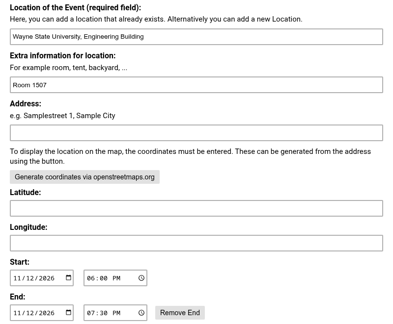 Location, room, start and end of the event