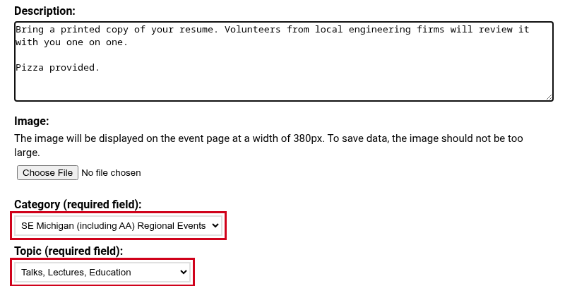 Description, category and topic of the event