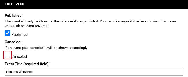 Canceled checkbox at the top of the edit form